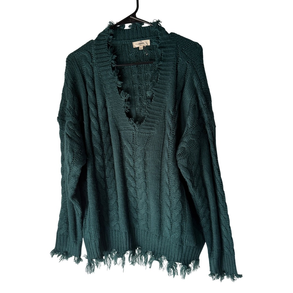 Entro Womens M Green Cable Knit V Neck Distressed Fringe‎ Sweater Boho Western